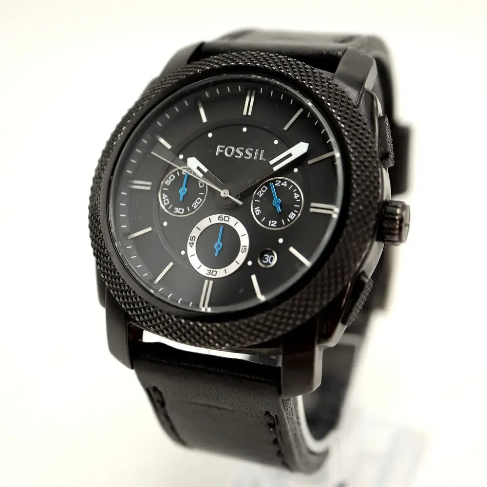 Fossil Machine Chronograph Mens Black 45mm Watch Leather FS4487 w New Battery